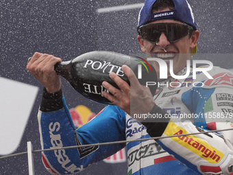 Marc Marquez of Spain and Gresini Racing MotoGP celebrate the victory of the MotoGP Race of MotoGP Of San Marino at Misano World Circuit in...