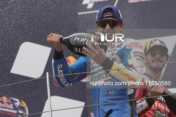 Marc Marquez of Spain and Gresini Racing MotoGP celebrate the victory of the MotoGP Race of MotoGP Of San Marino at Misano World Circuit in...