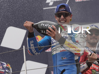 Marc Marquez of Spain and Gresini Racing MotoGP celebrate the victory of the MotoGP Race of MotoGP Of San Marino at Misano World Circuit in...