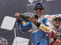 Marc Marquez of Spain and Gresini Racing MotoGP celebrate the victory of the MotoGP Race of MotoGP Of San Marino at Misano World Circuit in...