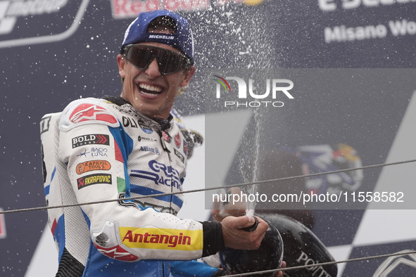 Marc Marquez of Spain and Gresini Racing MotoGP celebrate the victory of the MotoGP Race of MotoGP Of San Marino at Misano World Circuit in...