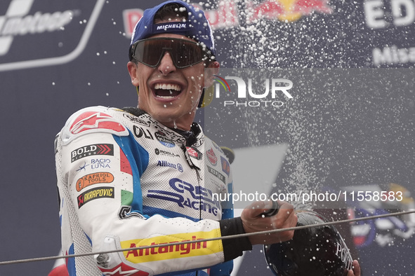 Marc Marquez of Spain and Gresini Racing MotoGP celebrate the victory of the MotoGP Race of MotoGP Of San Marino at Misano World Circuit in...