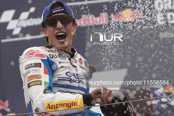 Marc Marquez of Spain and Gresini Racing MotoGP celebrate the victory of the MotoGP Race of MotoGP Of San Marino at Misano World Circuit in...