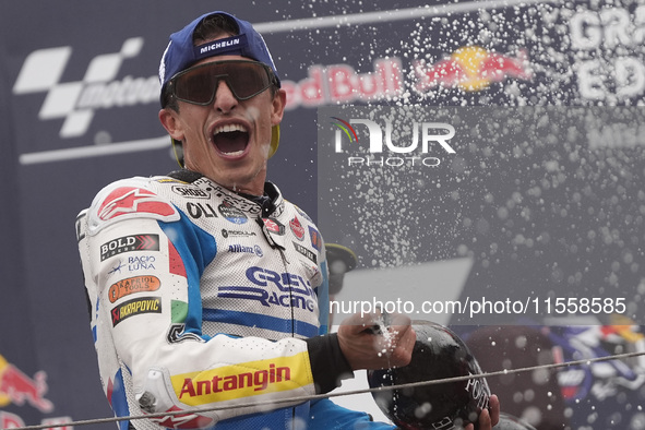 Marc Marquez of Spain and Gresini Racing MotoGP celebrate the victory of the MotoGP Race of MotoGP Of San Marino at Misano World Circuit in...