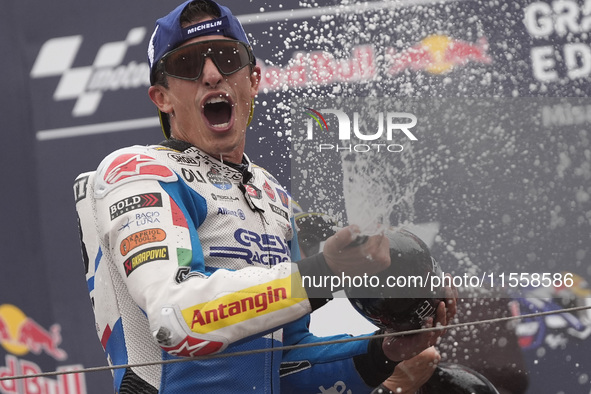 Marc Marquez of Spain and Gresini Racing MotoGP celebrate the victory of the MotoGP Race of MotoGP Of San Marino at Misano World Circuit in...