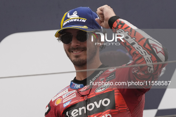 Francesco Bagnaia of Italy and Ducati Lenovo Team celebrates second place in the MotoGP Race of MotoGP Of San Marino at Misano World Circuit...