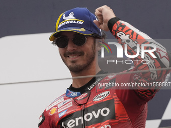 Francesco Bagnaia of Italy and Ducati Lenovo Team celebrates second place in the MotoGP Race of MotoGP Of San Marino at Misano World Circuit...