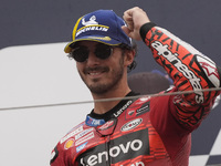 Francesco Bagnaia of Italy and Ducati Lenovo Team celebrates second place in the MotoGP Race of MotoGP Of San Marino at Misano World Circuit...