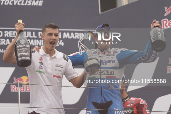 Marc Marquez of Spain and Gresini Racing MotoGP celebrate the victory of the MotoGP Race of MotoGP Of San Marino at Misano World Circuit in...