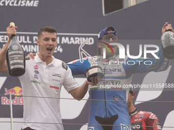 Marc Marquez of Spain and Gresini Racing MotoGP celebrate the victory of the MotoGP Race of MotoGP Of San Marino at Misano World Circuit in...