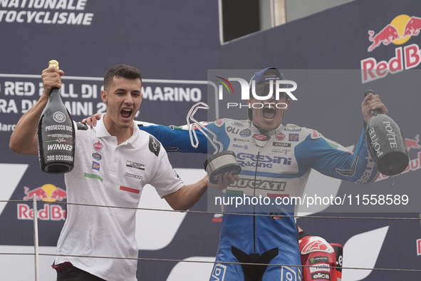 Marc Marquez of Spain and Gresini Racing MotoGP celebrate the victory of the MotoGP Race of MotoGP Of San Marino at Misano World Circuit in...