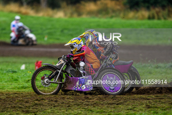 Clint Blondel and Max Chadwick compete in the 1000cc Sidecar Class during the ACU British Upright Championships in Gawsworth, Cheshire, on S...