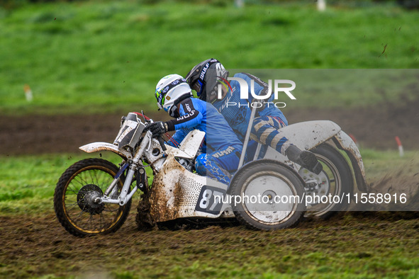 Rob Bradley and Josh Fowler compete in the 1000cc Sidecar Class during the ACU British Upright Championships in Woodhouse Lance, Gawsworth,...