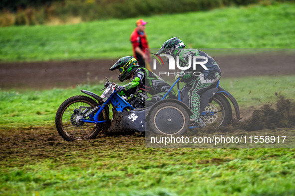 Billy Winterburn and Ryan Wharton compete in the 1000cc Sidecar Class during the ACU British Upright Championships in Woodhouse Lance, Gawsw...