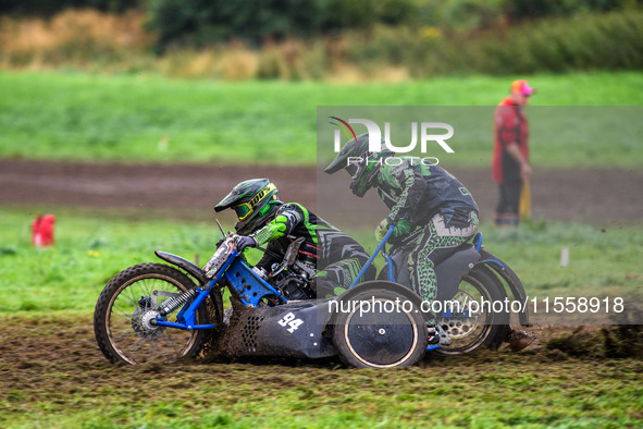 Billy Winterburn and Ryan Wharton compete in the 1000cc Sidecar Class during the ACU British Upright Championships in Woodhouse Lance, Gawsw...