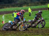 Dave Mears (19) rides outside John Shipley (29) in the 350cc Upright Class during the ACU British Upright Championships in Gawsworth, Cheshi...