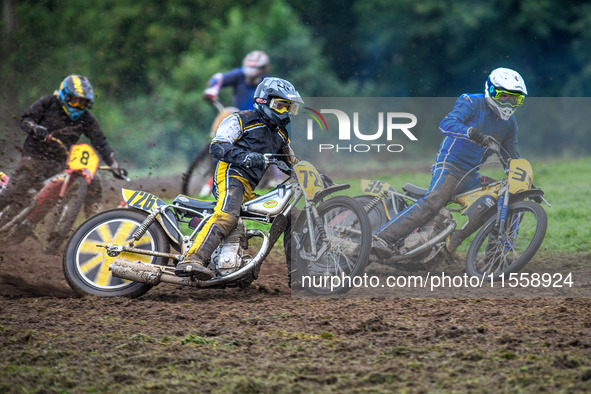 Tim Curnock (726) rides outside Darren Phillips (35) in the 500cc Upright Class during the ACU British Upright Championships in Gawsworth, C...