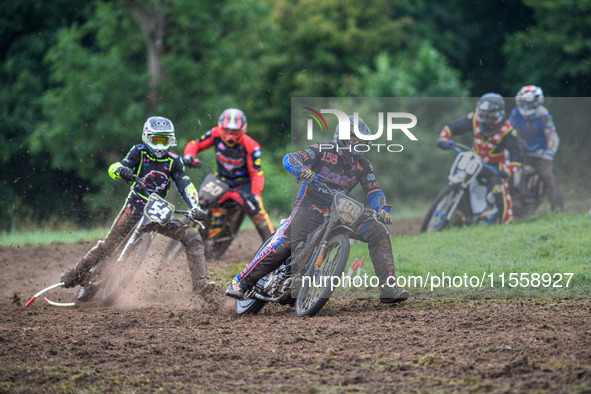 Wayne Broadhurst (158) leads Ian Clark (54) and Adam Hawker (50) in the GT140 Support Class during the ACU British Upright Championships in...