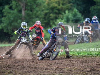 Wayne Broadhurst (158) leads Ian Clark (54) and Adam Hawker (50) in the GT140 Support Class during the ACU British Upright Championships in...