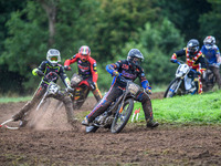 Wayne Broadhurst (158) leads Ian Clark (54) and Adam Hawker (50) in the GT140 Support Class during the ACU British Upright Championships in...