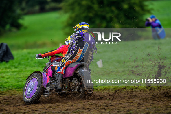 Clint Blondel and Max Chadwick (10) compete in the 1000cc Sidecar Class during the ACU British Upright Championships in Woodhouse Lance, Gaw...