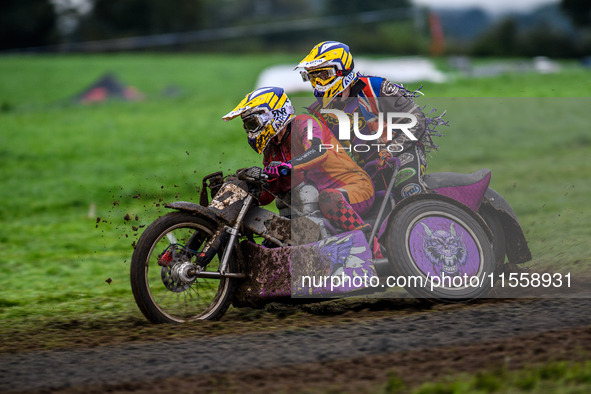 Clint Blondel and Max Chadwick (10) compete in the 1000cc Sidecar Class during the ACU British Upright Championships in Woodhouse Lance, Gaw...