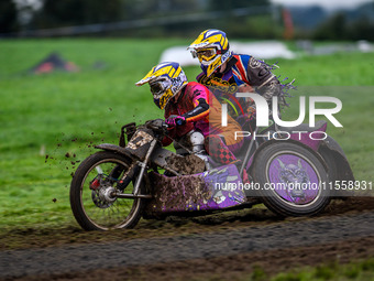 Clint Blondel and Max Chadwick (10) compete in the 1000cc Sidecar Class during the ACU British Upright Championships in Woodhouse Lance, Gaw...