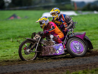 Clint Blondel and Max Chadwick (10) compete in the 1000cc Sidecar Class during the ACU British Upright Championships in Woodhouse Lance, Gaw...