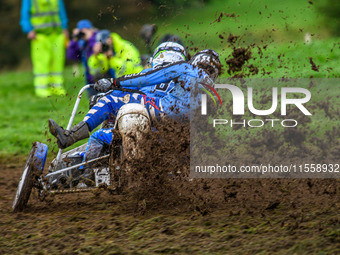 Rob Bradley and Josh Fowler (87) compete in the 1000cc Sidecar Class during the ACU British Upright Championships in Woodhouse Lance, Gawswo...