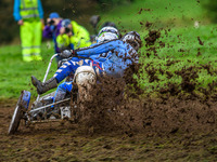 Rob Bradley and Josh Fowler (87) compete in the 1000cc Sidecar Class during the ACU British Upright Championships in Woodhouse Lance, Gawswo...