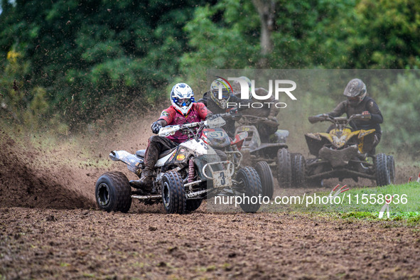 Dean Morford (3) leads Ethan Williams (57) and others in the Quad Class during the ACU British Upright Championships in Gawsworth, Cheshire,...