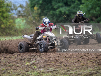 Dean Morford (3) leading Ethan Williams (57) in the Quad Class during the ACU British Upright Championships at Woodhouse Lance, Gawsworth, C...