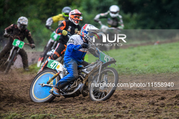 Simon Hammersley (47) leads the pack in the 250cc Upright Class during the ACU British Upright Championships in Gawsworth, Cheshire, on Sept...