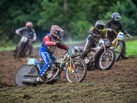 Dave Mears (19) rides outside John Shipley (29) and Alan Brook (209) in the 350cc Upright Class during the ACU British Upright Championships...