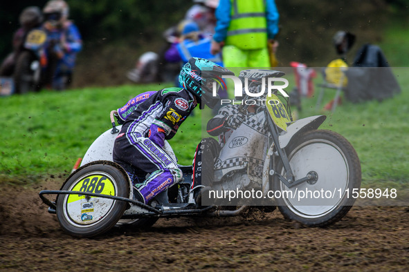 Phill Rowlands and Tom Rowlands (886) compete in the 500cc Sidecar Class during the ACU British Upright Championships in Gawsworth, Cheshire...