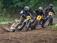 Glyn Drake (72) leads David Hammersley (8) and Jack Roberts (76) in the 500cc Upright Class during the ACU British Upright Championships in...