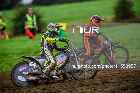 Ian Clark (54) rides outside Adam Hawker (50) in the GT140 Support Class during the ACU British Upright Championships in Gawsworth, Cheshire...