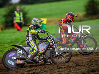 Ian Clark (54) rides outside Adam Hawker (50) in the GT140 Support Class during the ACU British Upright Championships in Gawsworth, Cheshire...