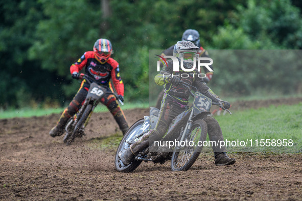 Ian Clark (54) leads Adam Hawker (50) and Paul Smith (80) in the GT140 Support Class during the ACU British Upright Championships in Gawswor...