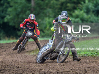 Ian Clark (54) leads Adam Hawker (50) and Paul Smith (80) in the GT140 Support Class during the ACU British Upright Championships in Gawswor...