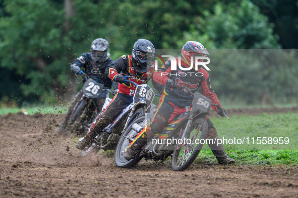 Adam Hawker (50) leads Paul Smith (80) and Charlie Hall (26) in the GT140 Support Class during the ACU British Upright Championships in Gaws...