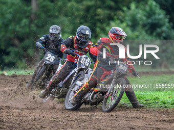 Adam Hawker (50) leads Paul Smith (80) and Charlie Hall (26) in the GT140 Support Class during the ACU British Upright Championships in Gaws...