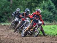 Adam Hawker (50) leads Paul Smith (80) and Charlie Hall (26) in the GT140 Support Class during the ACU British Upright Championships in Gaws...