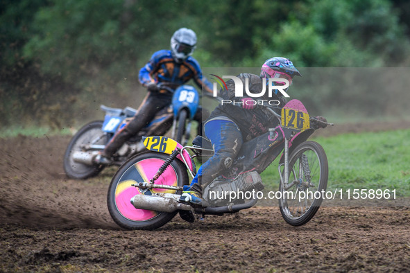 James Theobald (126) leads Liam Ashcroft (83) in the 350cc/500cc Support Class during the ACU British Upright Championships in Gawsworth, Ch...