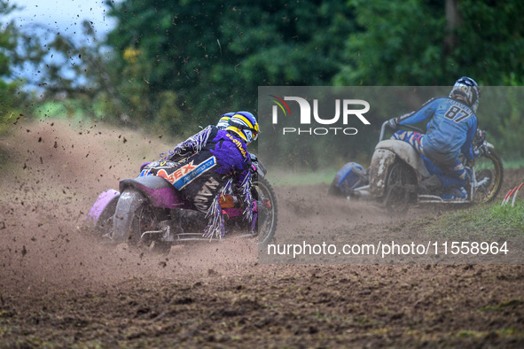 Clint Blondel and Max Chadwick (10) chase Rob Bradley and Josh Fowler (87) in the 1000cc Sidecar Class during the ACU British Upright Champi...