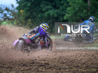 Clint Blondel and Max Chadwick (10) chase Rob Bradley and Josh Fowler (87) in the 1000cc Sidecar Class during the ACU British Upright Champi...