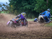 Clint Blondel and Max Chadwick (10) chase Rob Bradley and Josh Fowler (87) in the 1000cc Sidecar Class during the ACU British Upright Champi...