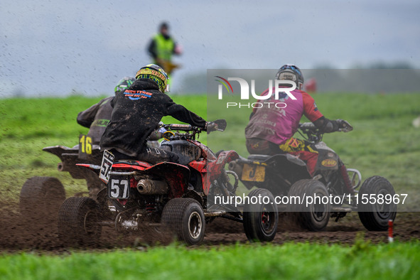 Ethan Williams (57) chases Dean Morford (3) and Richard Badham (16) during the ACU British Upright Championships at Woodhouse Lance, Gawswor...