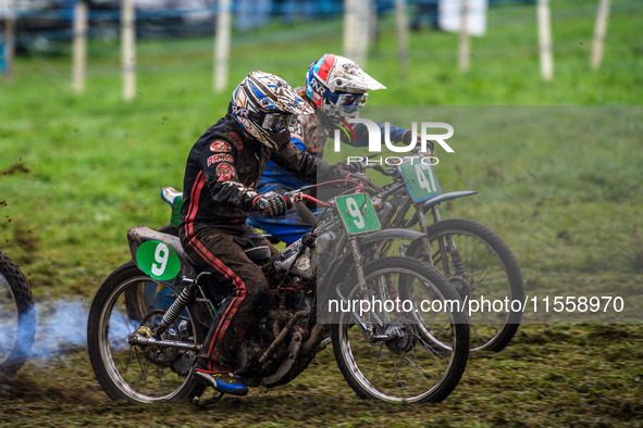 David James (9) and Simon Hammersley (47) leave the start in the 250cc Upright Class during the ACU British Upright Championships in Gawswor...