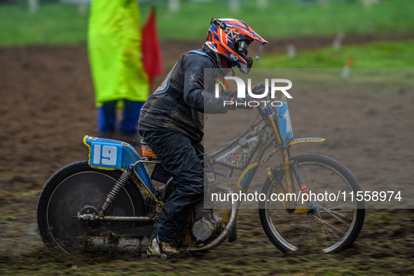 Dave Mears (19) competes in the 350cc Upright Class with overalls over his kevlars during the ACU British Upright Championships in Gawsworth...